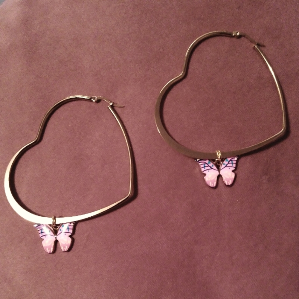 Pink Enamel Butterfly Big Gold Heart Hoop Earrings Hoops Charm Butterflies KATTA